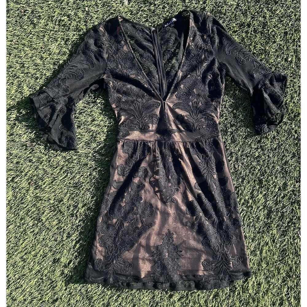 For Love & Lemons Temecula Embroidered Mesh Mini Dress Black Nude S
